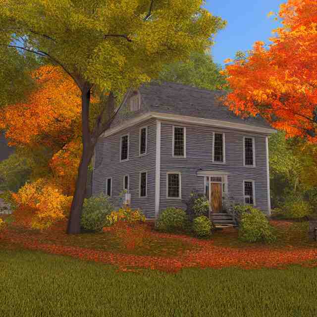 realistic wooden colonial new england house, maple tree in yard, large chimney, lights on inside, fall foliage, vermont mountain background, light cinematic, volumetric, realistic, cinematic lighting, ray tracing, unreal engine 5, octane render, hyper realistic, 8 k 