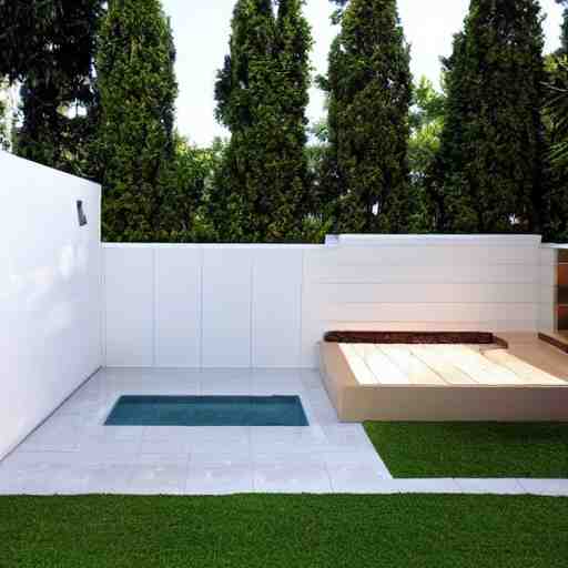 luxury small backyard walls at the sides, modern hut at the back all white, no plants, no grass, brown floor, small pool 