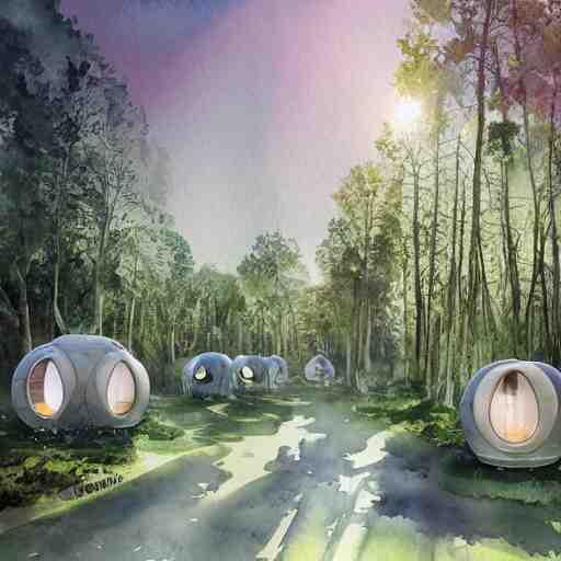 beautiful happy picturesque charming organic sci - fi town with pod homes integrated in a forest area. water and trees. beautiful light. soft colour scheme. beautiful artistic detailed watercolor by lurid. ( 2 0 2 2 ) 