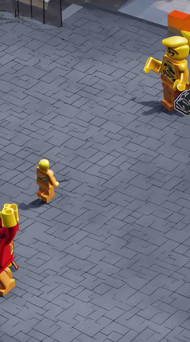 hyperrealistic giant lego man walking through street, street view, epic lighting, composition 