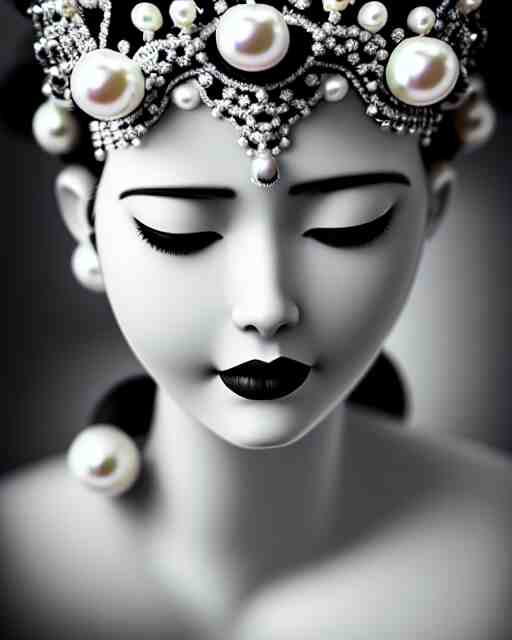 black and white dreamy young beautiful crowned female artificial intelligence, crown is full of flowers and pearls, realistic pearl ornament in the face, long hair are intricate with highly detailed realistic pearls, cinematic, rim light, bokeh, photo - realistic, elegant, high detail, 8 k, masterpiece, photo taken in 1 9 3 0 