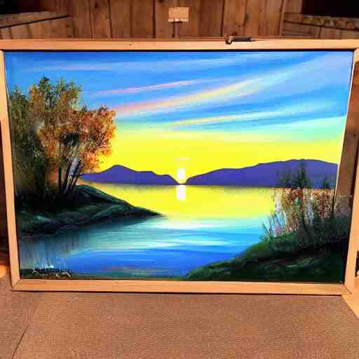 a landscape with a lake in the mountain. sunset. cottage. acrylic painting. 4 k. very detailed. trandint on artstation. masterpiece. shadows. 