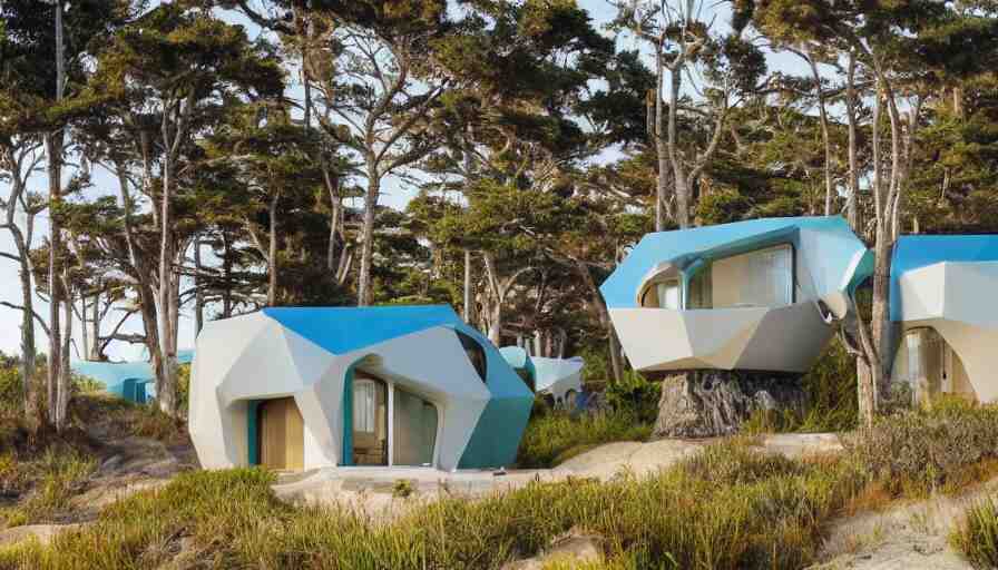 An architectural rending of an eco-community neighborhood of innovative contemporary 3D printed sea ranch style cabins with rounded corners and angles, beveled edges, made of cement and concrete, organic architecture, on the California coastline with side walks, parks and public space , Designed by Gucci and Wes Anderson, golden hour