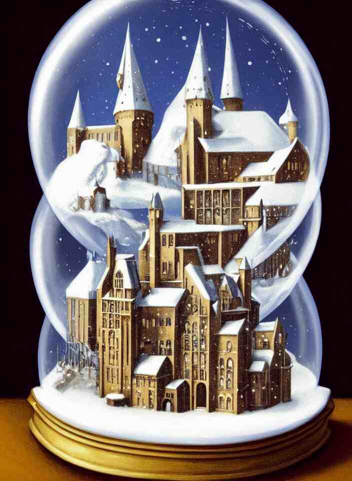 an achingly beautiful print of one snow globe with hogwarts inside by raphael, hopper, and rene magritte. detailed, proportional, romantic, vibrant, enchanting, trending on artstation 