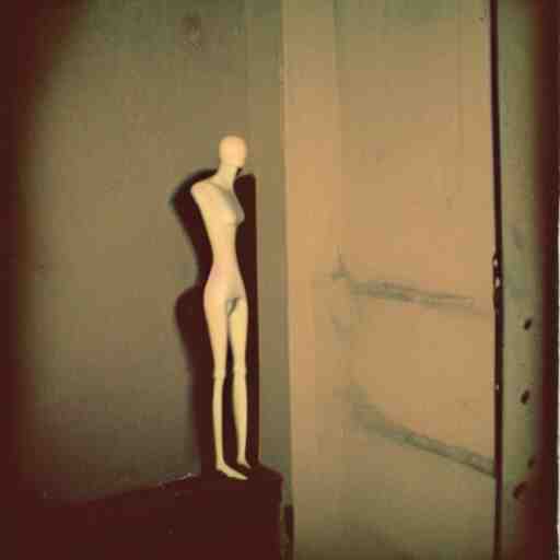 a mannequin at the top of a dark stairwell, abandoned, creepy, eerie, scary, old polaroid, expired film, out or focus, 