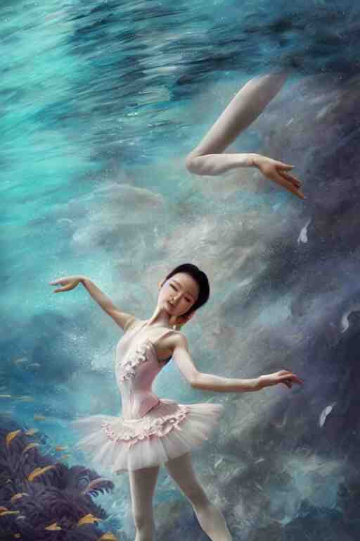 stunningly beautiful, asian prima ballerina at the bottom of the great barrier reef, smooth, focus, highly detailed, hyper realistic, dramatic lighting, intricate, concept art, art by wlop, mars ravelo 