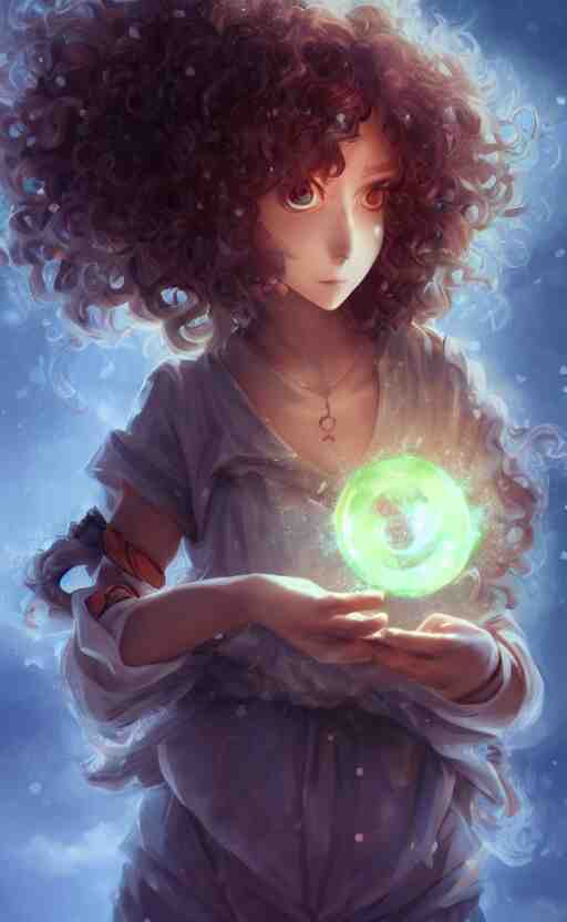 anime girl with curly hair holding a magical orb, WLOP, concept art, digital painting, trending on artstation, highly detailed, epic composition, 8k UHD