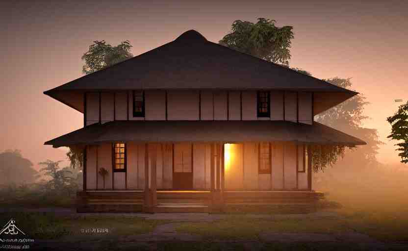 a beautiful small assam type house at sunrise, guwahati, concept art, octane render, unreal engine 5, trending on artstation, high quality, 8 k, soft lighting, path traced, hyperrealistic, highly detailed, digital art, symmetrical, cinematic, high coherence, godrays 