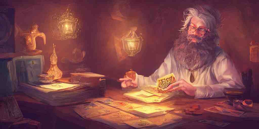 wizard shuffling cards, cards, fantasy, digital art, soft lighting, concept art, vibrant, 8 k 