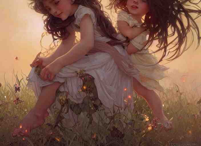 A cute little girl with shoulder length curly brown hair and a cute little boy with short blonde hair dancing with fireflies. beautiful fantasy art by By Artgerm and Greg Rutkowski and Alphonse Mucha, trending on artstation.