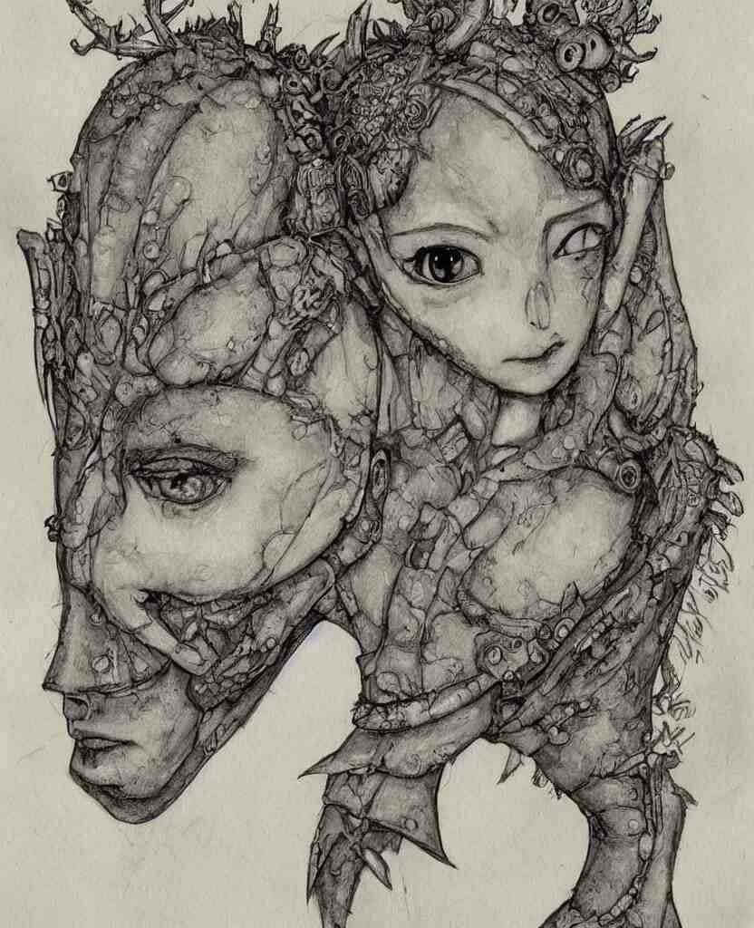 fantasy, symmetrical beautiful human face, front view, female humanoid creature, plant armour, wide intricate horned insect head piece covering forehead, button nose, full lips, muscular, large cute anime eyes, stylised, torso and head, bust, diagram, greys anatomy book, on old distressed parchment paper, watercolour, by brian froud and boichi 