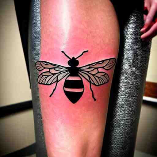 detailed tattoos in the style of bee movie on a female leg, crimson - black color scheme, wearing miniskirt, cinematic seductive lighting, beautiful composition 