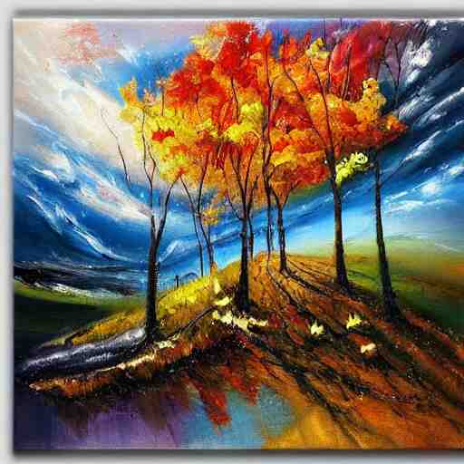 painting depicting all four season in one paintng, concept art, artstation, detailed, impressionism, oil on canvas, knife painting, messy, 