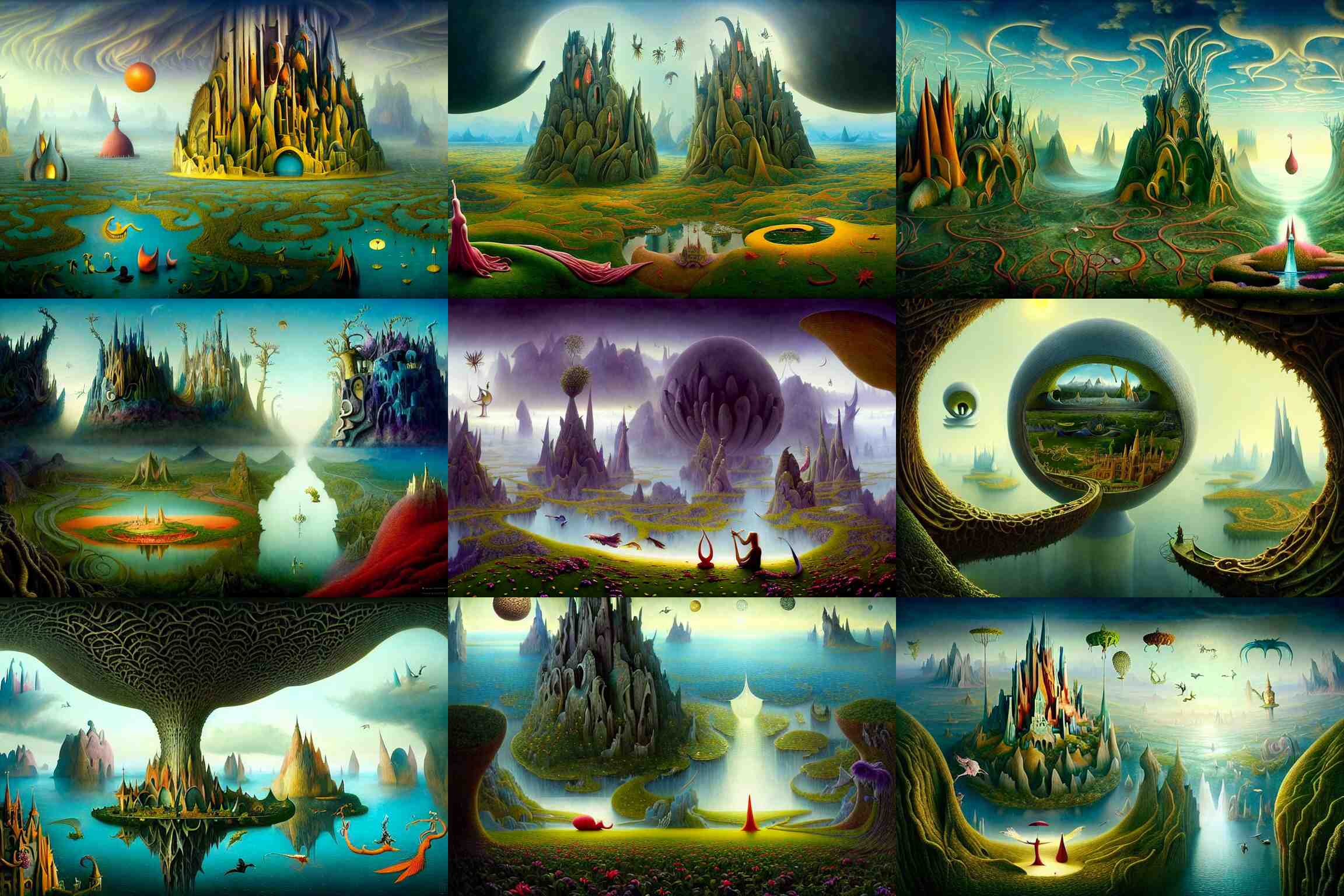 a beguiling epic stunning beautiful and insanely detailed matte painting of windows into dream worlds with surreal architecture designed by Heironymous Bosch, dream world populated with mythical whimsical creatures, mega structures inspired by Heironymous Bosch's Garden of Earthly Delights, vast surreal landscape and horizon by Brad Kunkle and Cyril Rolando and Conrad Roset, masterpiece!!!, grand!, imaginative!!!, whimsical!!, epic scale, intricate details, sense of awe, elite, wonder, insanely complex, masterful composition!!!, sharp focus, fantasy realism, dramatic lighting