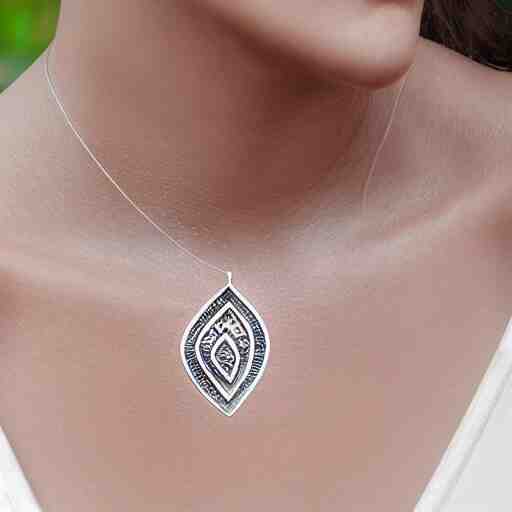 amulet of wave inlaid in silver on a young beautiful woman neck, hyper realistic, 