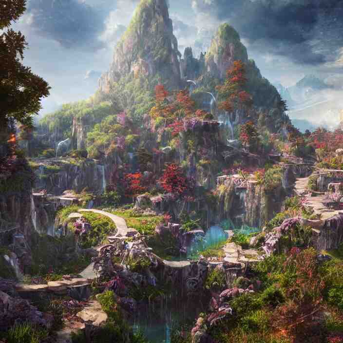 beautiful realistic landscape photo of fantasy mmo world, intricate detailed, innovation, bright modern style, artstation, unreal render, depth of field, ambient lighting, award winning, stunning