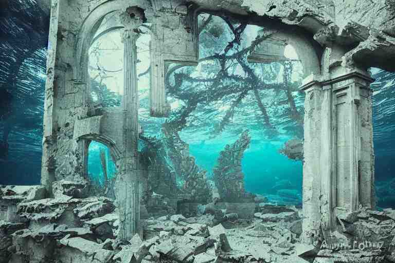 analog photograph of underwater ruins with a mermaid and kelp, deep azure tones, film grain, color bleed, bokeh, depth of field, by ansel adams, ruan jia