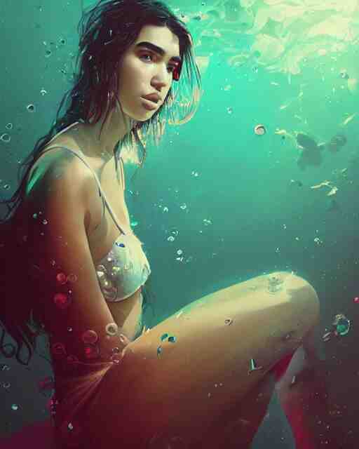 portrait of dua lipa, by petros afshar, sabbas apterus, brian sum, ross tran, shattered glass, bubbly underwater scenery, radiant light