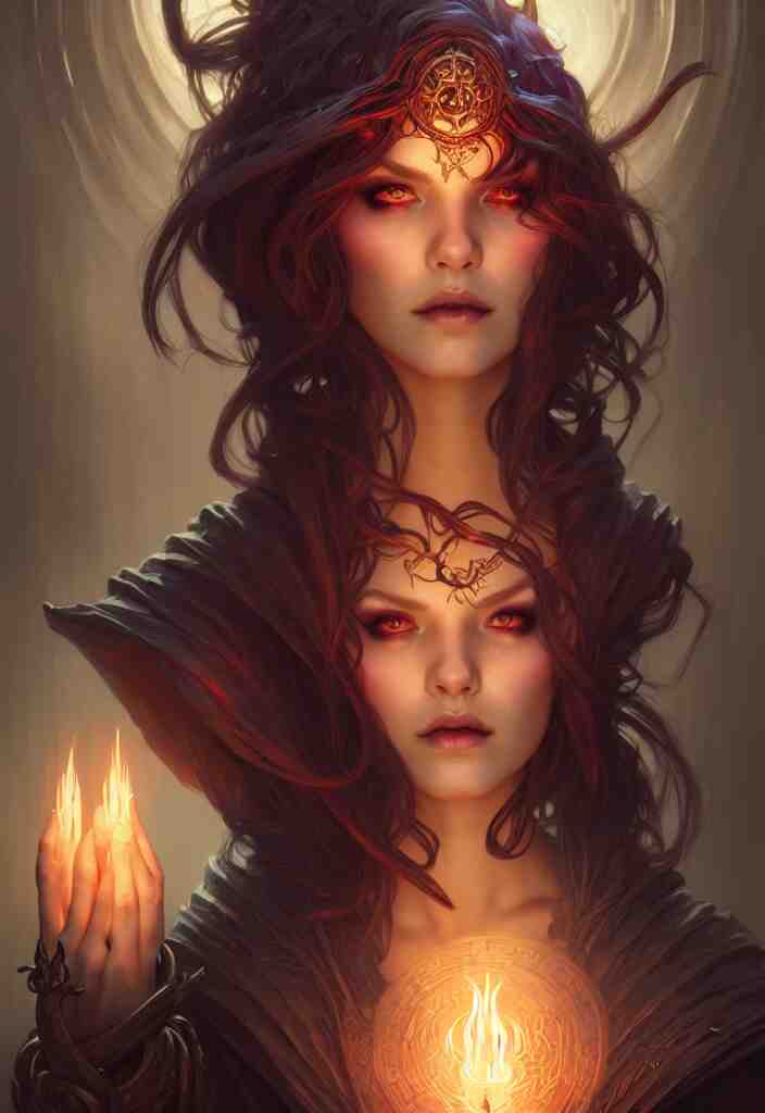 Necromancer Sorceress, fantasy magic, undercut hairstyle, dark light night, intricate, elegant, sharp focus, illustration, highly detailed, digital painting, concept art, matte, art by WLOP and Artgerm and Greg Rutkowski and Alphonse Mucha, masterpiece