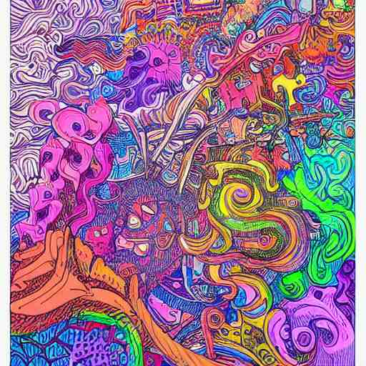 chaos in my head, intricate ink illustration, vibrant colors, rainbow colors, white background, maximalist, 8 k 