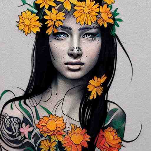 tattoo design, stencil, traditional, beautiful portrait of a girl with flowers in her hair by artgerm, artgerm, digital art