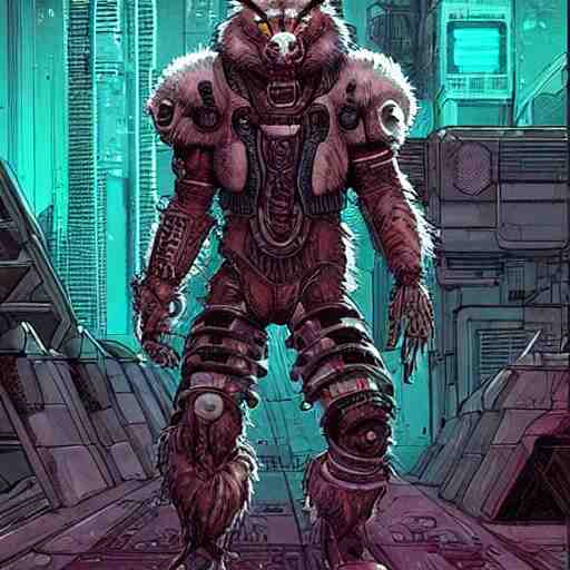 portrait of a cybernetic werewolf warrior with white fur and power armor, cyberpunk concept art by josan gonzales and moebius and enki bilal and and dan mumford and jean claude meziere and philippe druilleg 