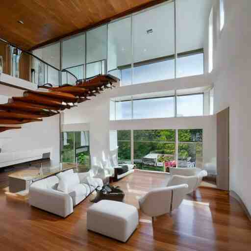 A modern style living room with floor to ceiling glass windows on the left and wooden stairs going upstairs on the right, two white sofas with a white marble table in the center, stairs to the second floor, 8k resolution, professional interior design photograph, wide angle photograph