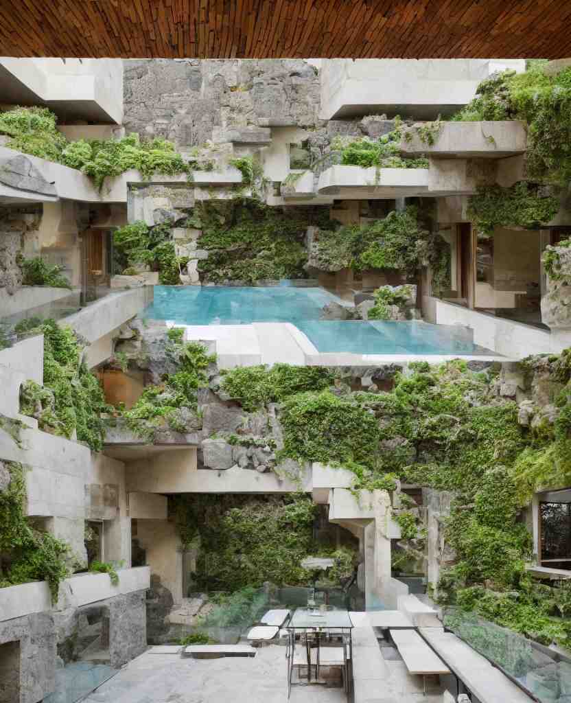 a stunning interior of a split - level villa with a swimming pool, intricately stacked and iteratively interlocked stone blocks in the style of ennis house, extremely coherent, fusion of frank lloyd wright and carlo scarpa, people are sitting at a table eating dinner, plants and moss and ivy growing on the stones, indoor picture, long shot, architectural photography 