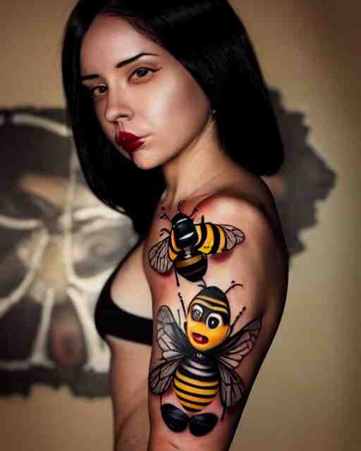 a tattoo of bee movie on the face of a woman with crimson - black hair, cute crimson - black bee - themed outfit, cinematic lighting, beautiful composition 