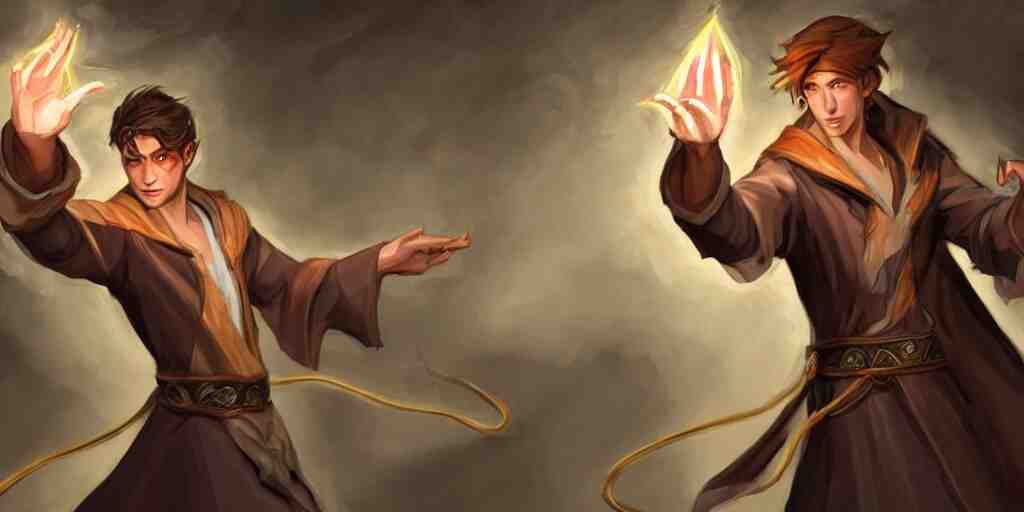 concept art of a handsome young caucasian male sorcerer with brown hair he is casting a spell that is emanating from his hands he is in a alchemist lab, action pose, medium shot, waist up, dungeons and dragons art, magic the gathering art 