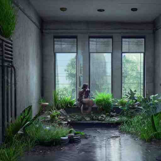 a bathroom with a lot of plants inside of it, cyberpunk art by Gregory Crewdson, unsplash, ecological art, reimagined by industrial light and magic, rendered in unreal engine, diorama
