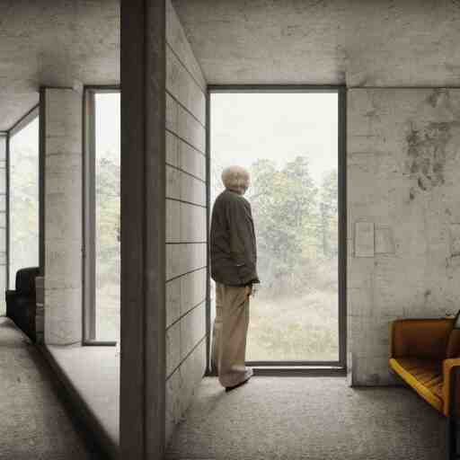 interior of brutalist style housing unit, neoplastic paintings as walls, an old person looking the forest landscape through a tall window, very detailed, octane render, hyperrealistic picture
