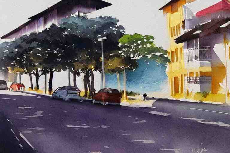 !! watercolor!! penang road in a sunny day, artwork by tooth wu, colorful contrast,!!!! very coherent!!!!, dark shadow, thick lineart 