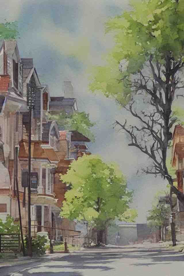 street lined with old residential houses summer watercolor by arti chauhan trending on artstation 