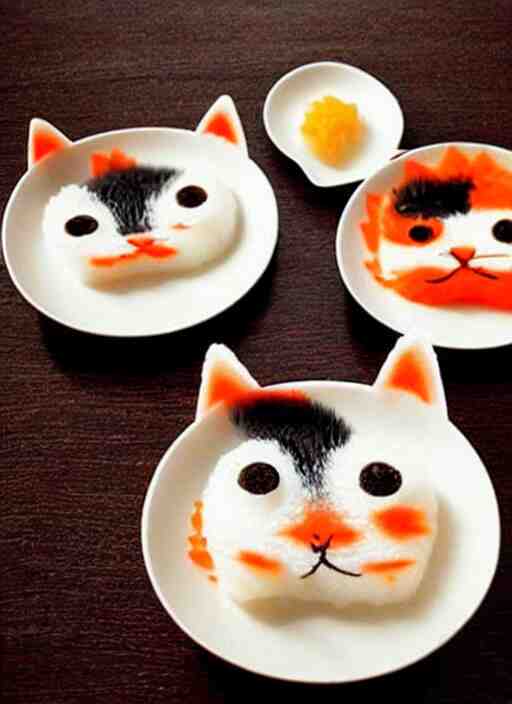 clear surrealist painting of adorable cats made from sushi rice, sitting on sushi plates with garnish 