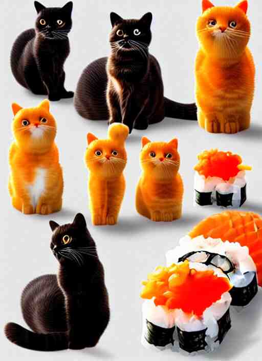 clear photorealistic picture of adorable cats made out of sushi 