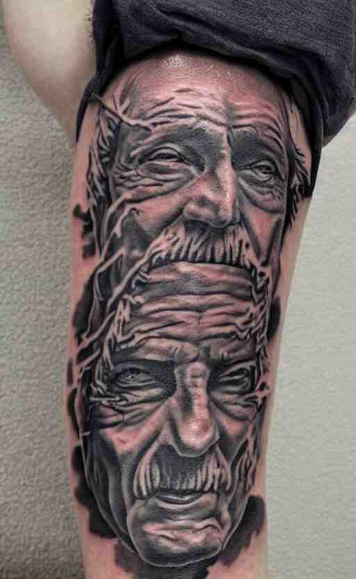 a tattoo of an old man wearing a hat on top of a tower, ultra detailed, tattoo, 8 k 