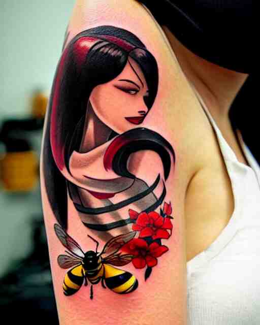 a tattoo of bee movie on the face of a woman with crimson - black hair, cute crimson - black bee - themed outfit, cinematic lighting, beautiful composition 