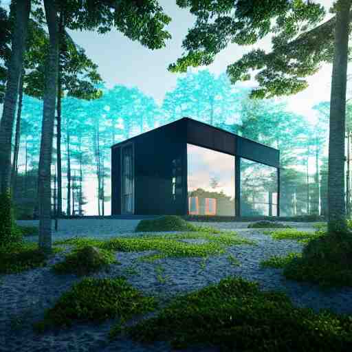 a modern house made of glass on a beach near a beautiful fantasy forest, digital art, epic composition, hd, 4 k, octane renderer, professional, intricate detail 