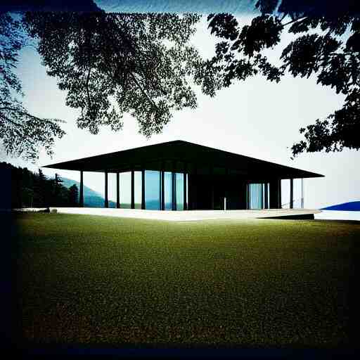 modern house on the lake, artwork by tadao ando, mystic, melancholy, pinhole analogue photo quality, lomography, blur, unfocus, cinematic, foil effect, holographic effect 