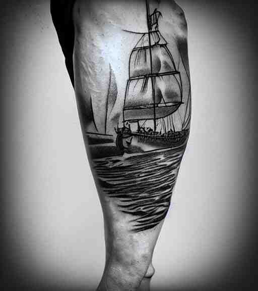 A realistic tattoo design sketch of a pirate ship, white background, black and white, highly detailed tattoo, shaded tattoo