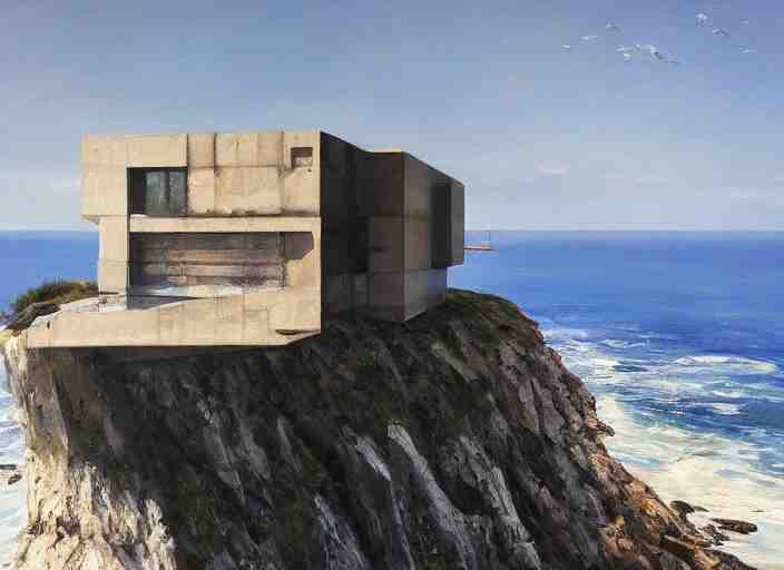 brutalist house, coastal perched on a cliff overlooking a magnificient bay, concept art oil painting by Jama Jurabaev, extremely detailed, brush hard, artstation