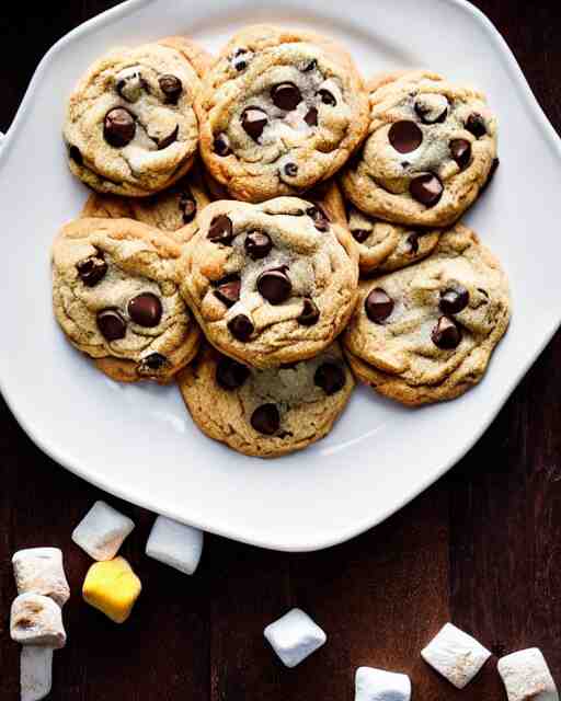 plate full of several freshly baked chocolate chip cookies, delicious, glistening, chocolate sauce, marshmallows, highly detailed, food photography, art by rembrandt 