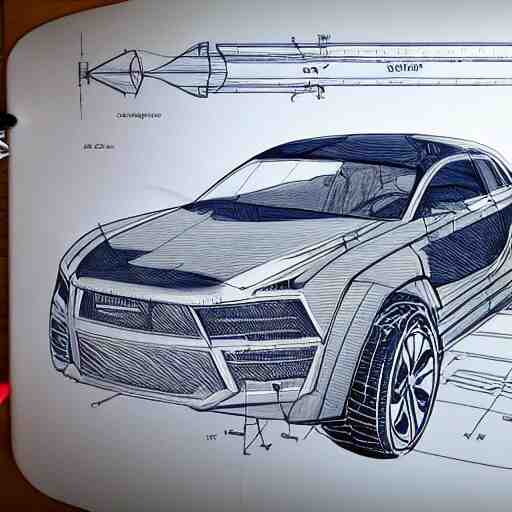 Drawing, Blueprints for a car, science fiction, technical, high quality, engineering