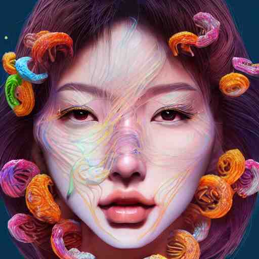 the face of an unbelievably beautiful and pretty japanese girl partially made of onion rings of all colors looking down, an ultrafine detailed illustration by james jean, final fantasy, intricate linework, bright colors, behance contest winner, vanitas, angular, altermodern, unreal engine 5 highly rendered, global illumination, radiant light, detailed and intricate environment 