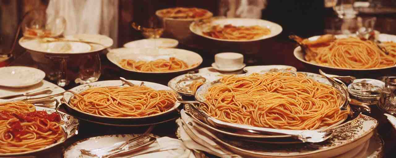 a large bowl of spaghetti, beautifully plated on a full buffet table, small details, intricate, sharply focused, canon 5 0 mm, wes anderson film, kodachrome 