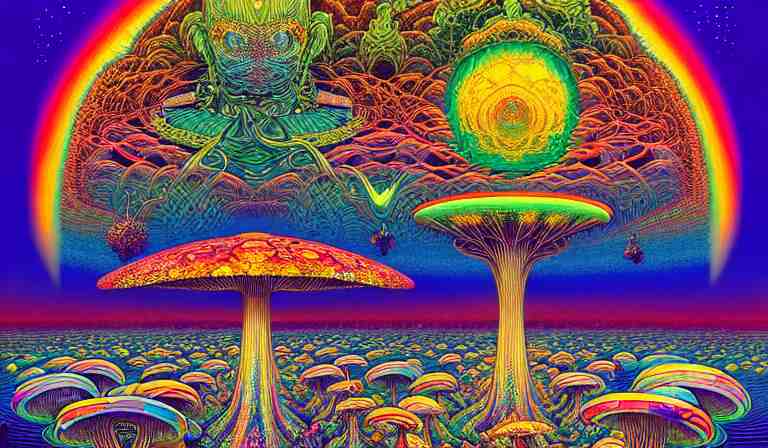 an expansive rendering of beautiful and complex oneness of all things by dan mumford, by jim fitzpatrick, by joe wilson, by jim burns, by victo ngai, by jacek yerka, surrounded with colorful magic mushrooms and rainbowcolored marihuana leaves, insanely integrate, featured on deviant art, trending on artstation 