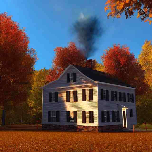 realistic wooden colonial new england house, maple tree in yard, large chimney, lights on inside, fall foliage, vermont mountain background, light cinematic, volumetric, realistic, cinematic lighting, ray tracing, unreal engine 5, octane render, hyper realistic, 8 k 