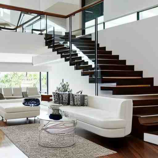 A modern style living room with floor to ceiling glass windows on the left and wooden stairs going upstairs on the right, two white sofas with a white marble table in the center, stairs to the second floor, 8k resolution, professional interior design photograph, wide angle photograph