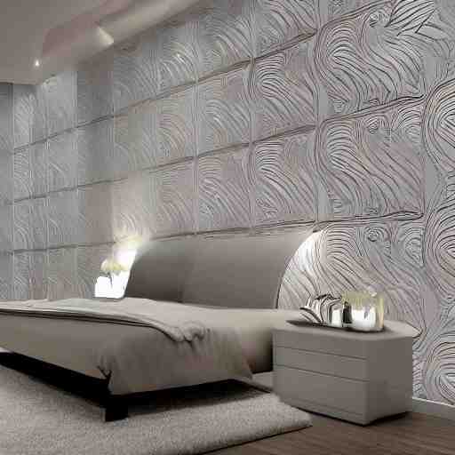 A room with futuristic furniture,  wallpaper on the walls, highly detailed, high definition, sharp focus,